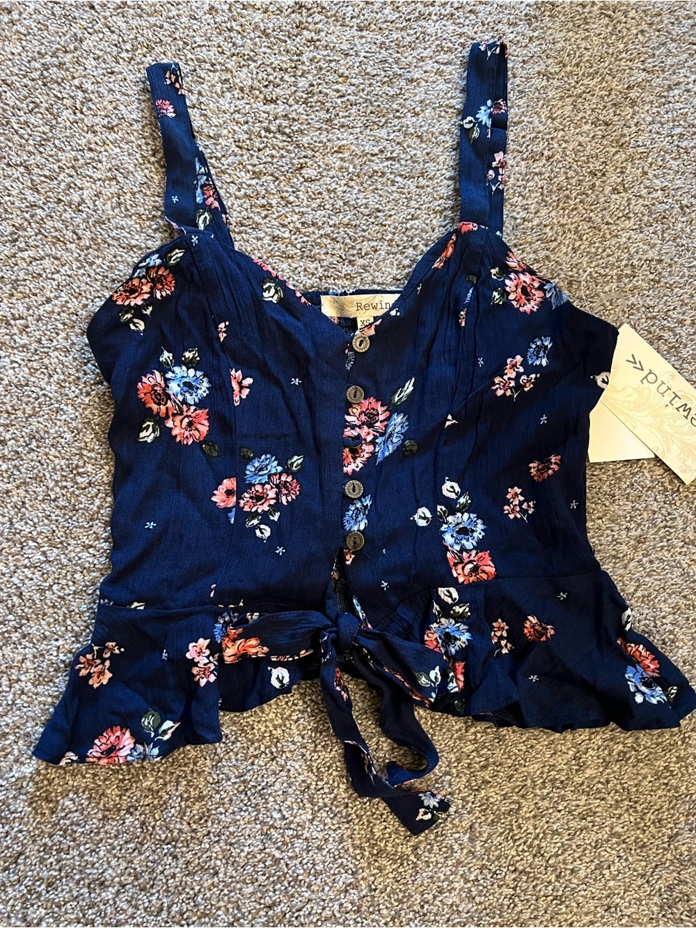 Rewind Navy Floral Button-Front Tie Waist Top